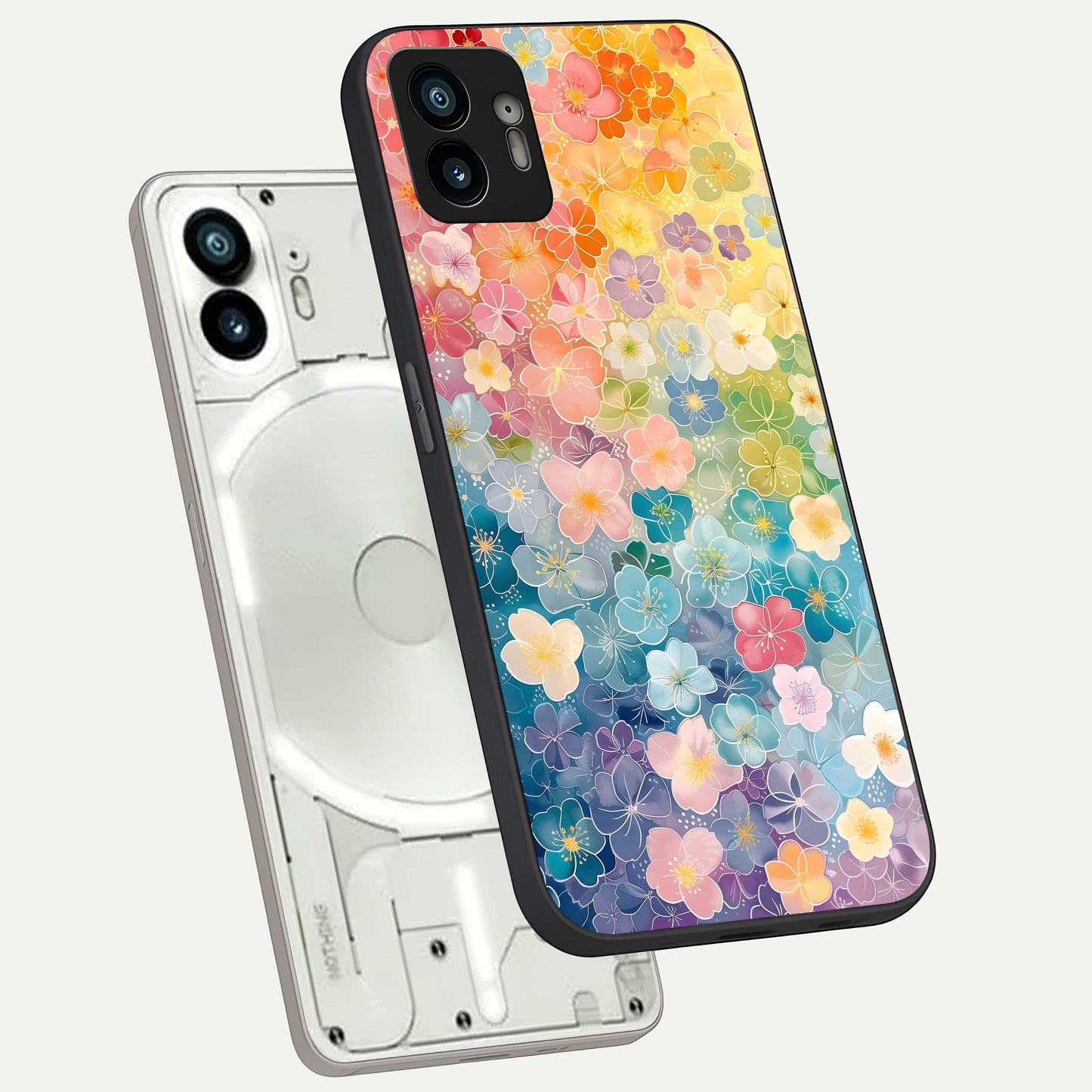  Rainbow Blossom Burst phone case For Nothing Phone 2 showing premium glass back cover with detailed artwork