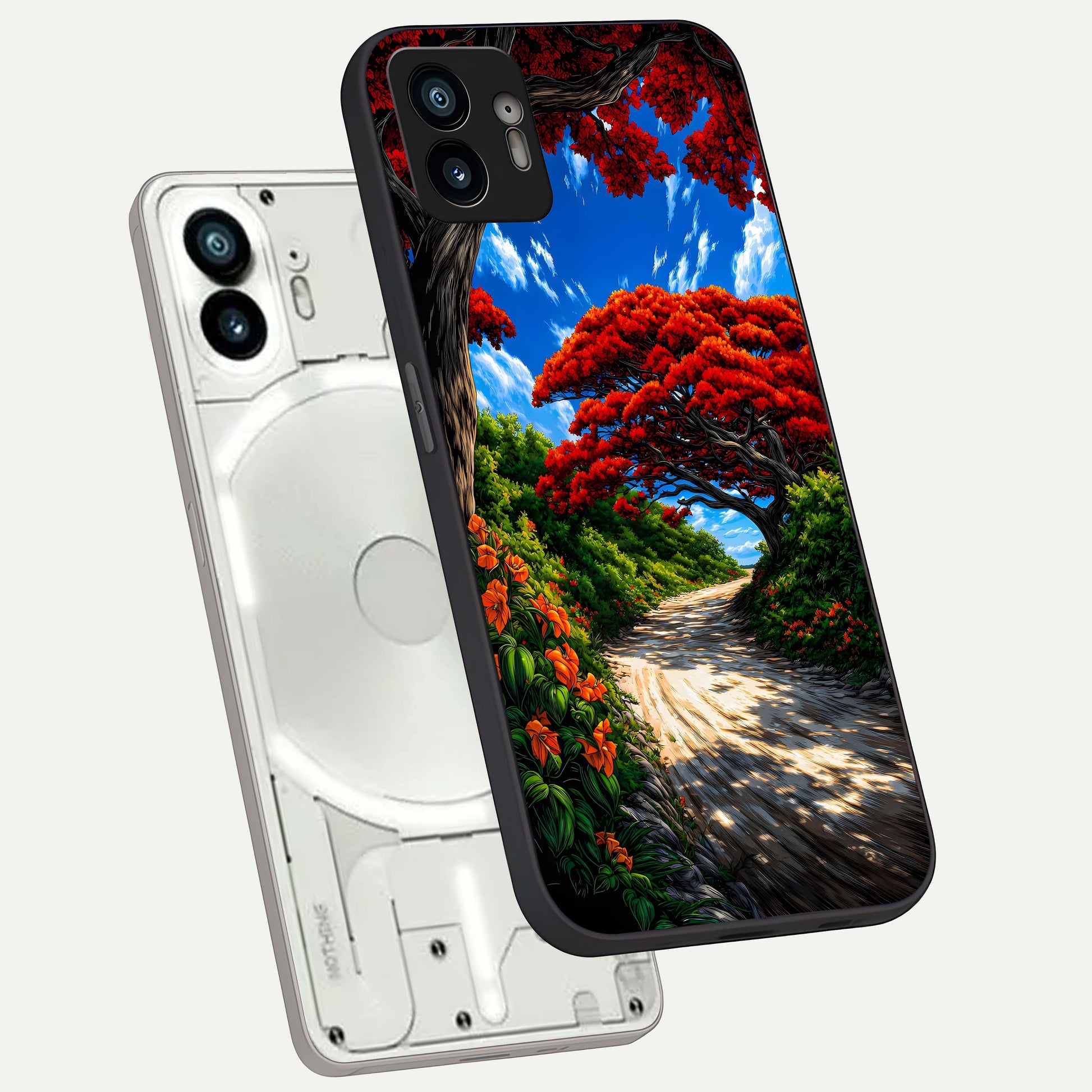  Red Trees Pathway phone case For Nothing Phone 2 showing premium glass back cover with detailed artwork