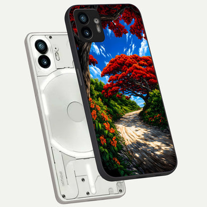  Red Trees Pathway phone case For Nothing Phone 2 showing premium glass back cover with detailed artwork