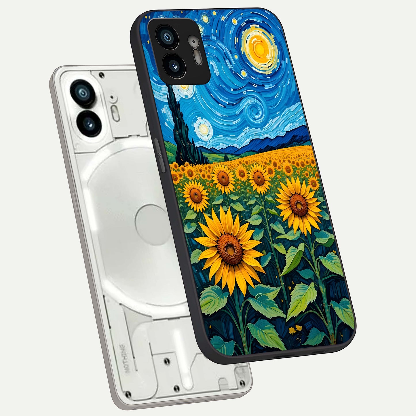  Starry Sunflower Dreams phone case For Nothing Phone 2 showing premium glass back cover with detailed artwork