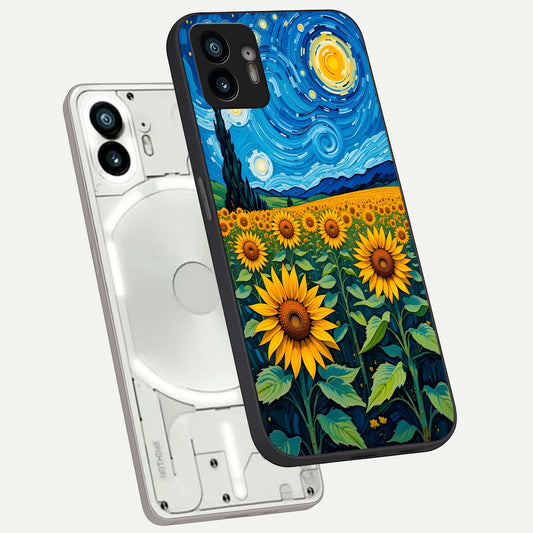  Starry Sunflower Dreams phone case For Nothing Phone 2 showing premium glass back cover with detailed artwork