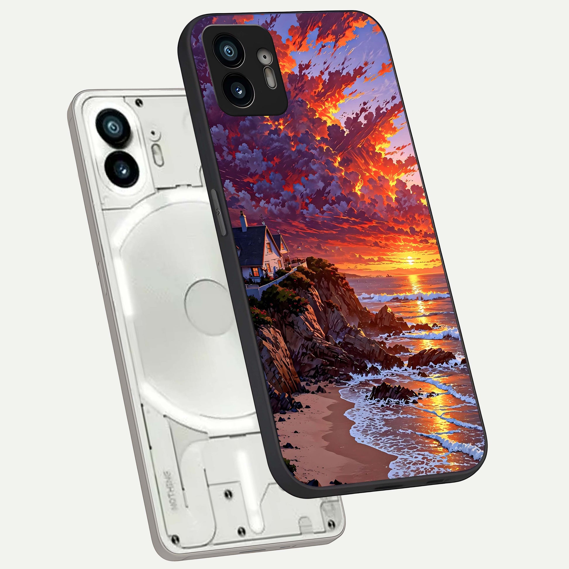  Sunset House By Sea phone case For Nothing Phone 2 showing premium glass back cover with detailed artwork