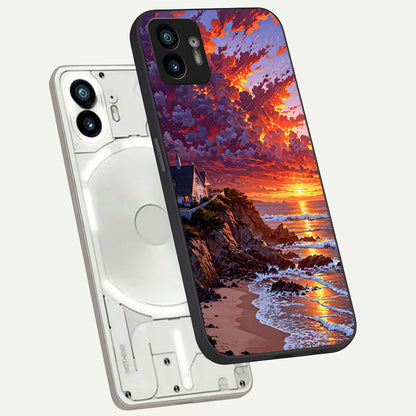 Sunset House By Sea phone case For Nothing Phone 2 showing premium glass back cover with detailed artwork