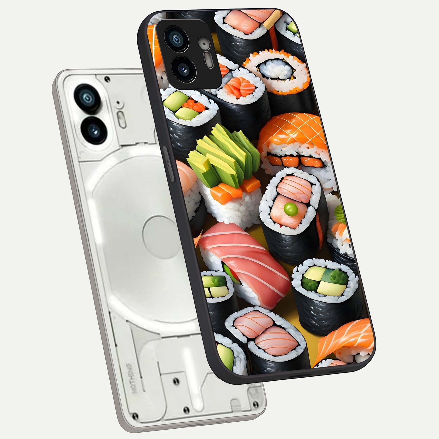  Sushi Food Pattern phone case For Nothing Phone 2 showing premium glass back cover with detailed artwork