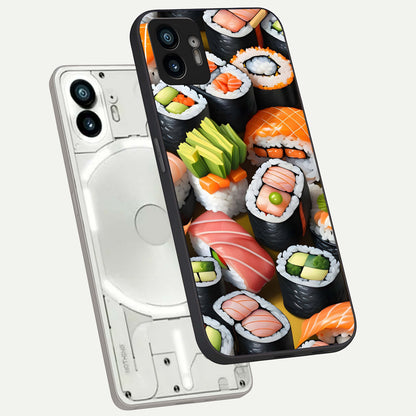  Sushi Food Pattern phone case For Nothing Phone 2 showing premium glass back cover with detailed artwork