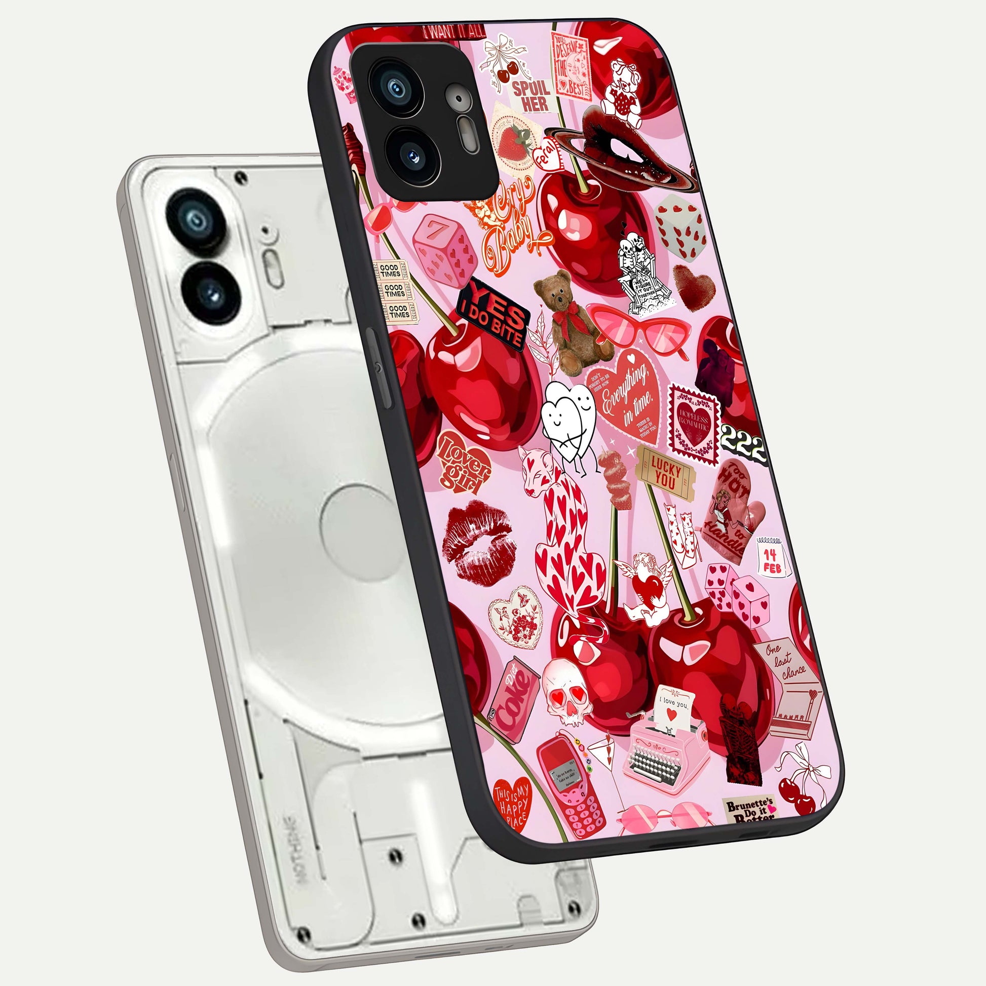  Sweet Cherry Chaos phone case For Nothing Phone 2 showing premium glass back cover with detailed artwork