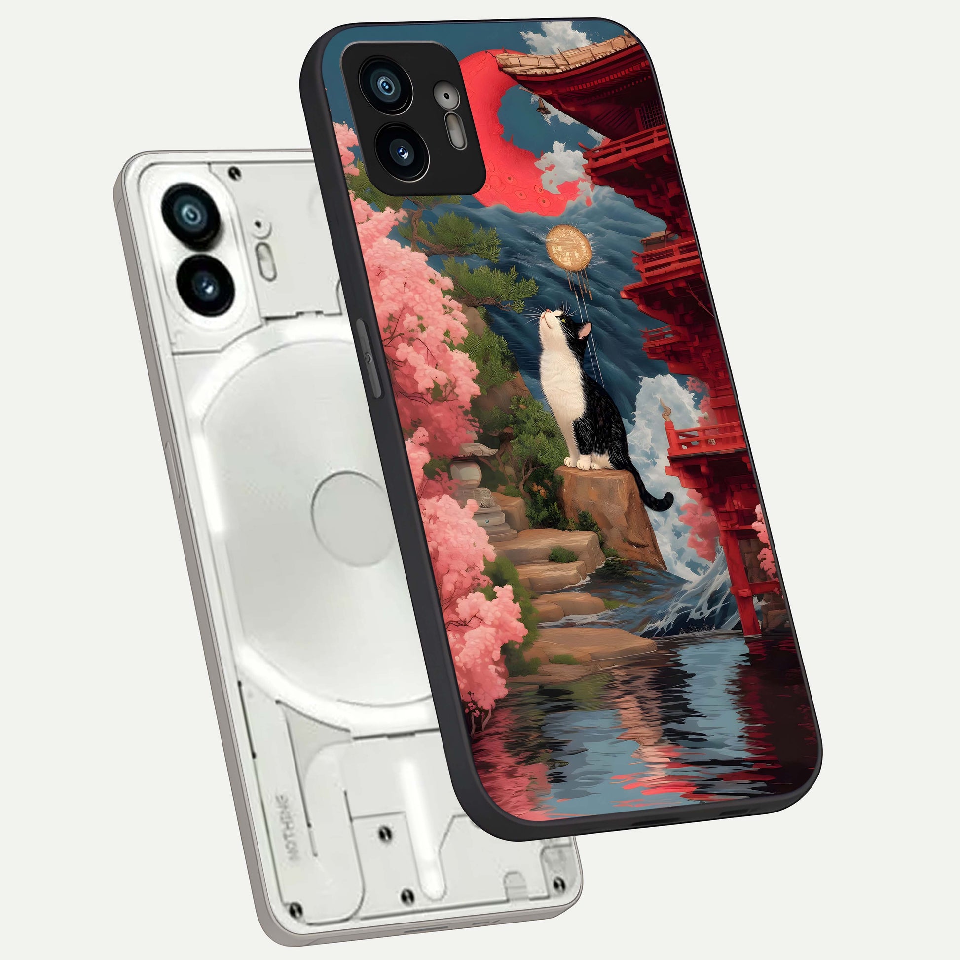  Temple Cat Scenery phone case For Nothing Phone 2 showing premium glass back cover with detailed artwork