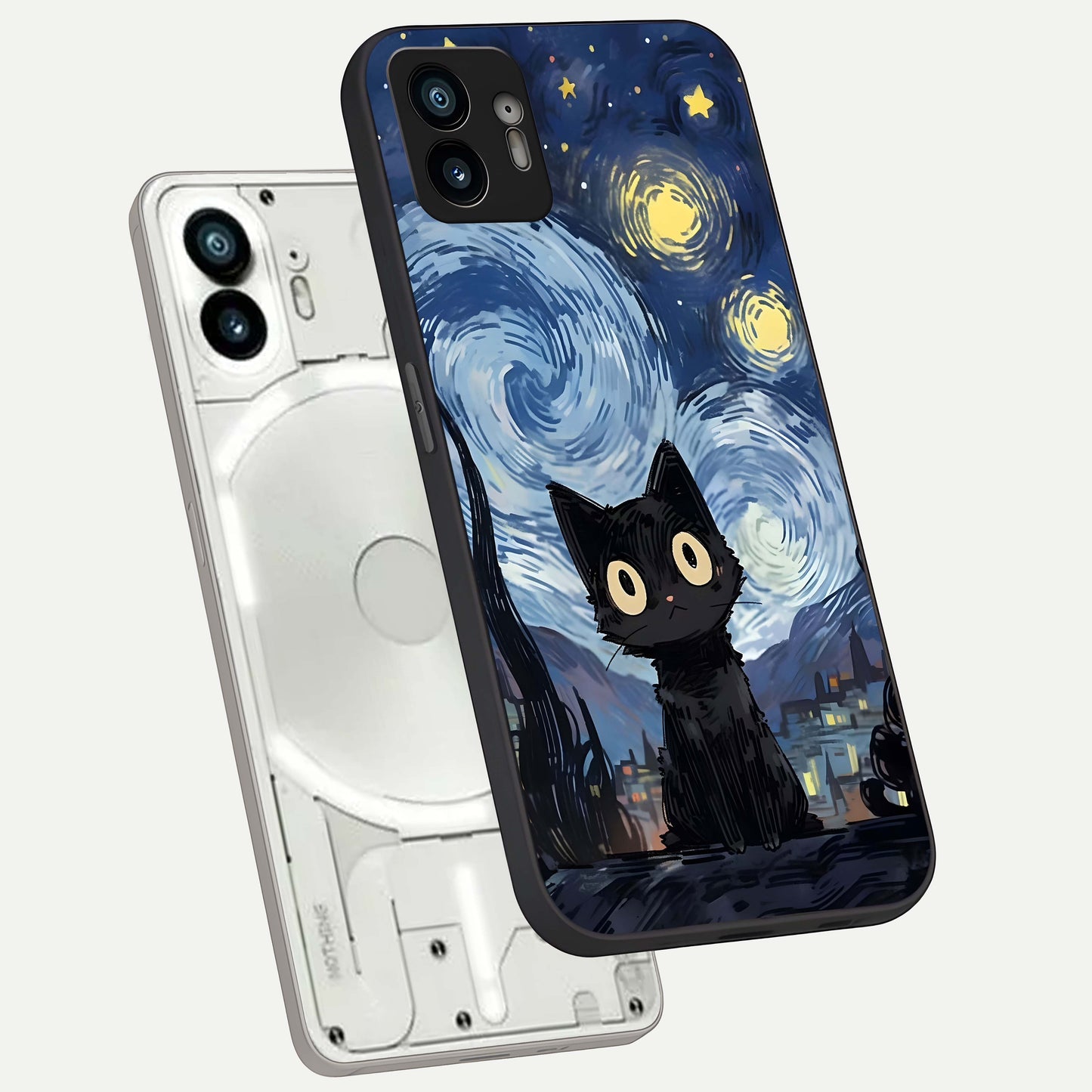  Van Gogh Cat phone case For Nothing Phone 2 showing premium glass back cover with detailed artwork
