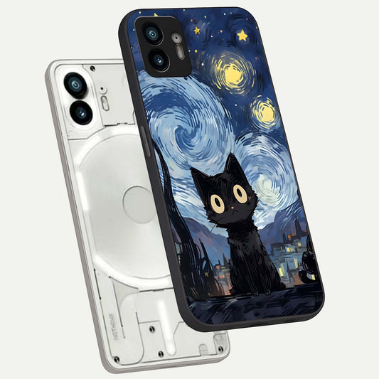  Van Gogh Cat phone case For Nothing Phone 2 showing premium glass back cover with detailed artwork