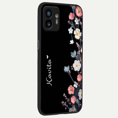  Black Elegance Floral Custom Name back cover For Nothing Phone 2 slim fit glass case with vibrant aesthetic design