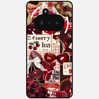 Aesthetic Cherry Tea Glass Case showing full back design in clean flat view with cherry collage details and glossy glass finish.