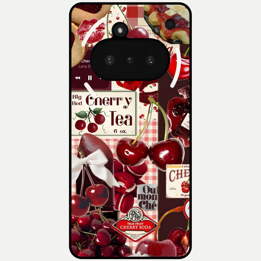Aesthetic Cherry Tea Glass Case showing full back design in clean flat view with cherry collage details and glossy glass finish.