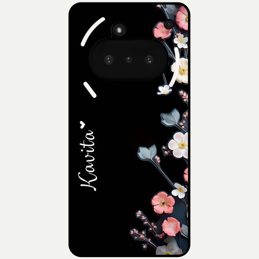  Black Elegance Floral Custom Name Glass Case For Nothing Phone 3A back cover – full design glossy printed glass finish