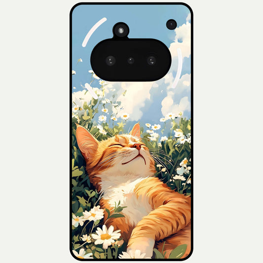  Cat And Flowers View Glass Case For Nothing Phone 3A back cover – full design glossy printed glass finish
