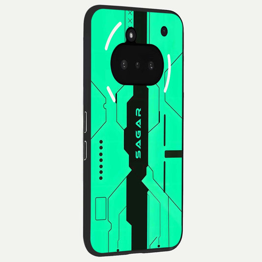  Aqua Tech CYBERPUNK Custom Name phone case For Nothing Phone 3A showing premium glass back cover with detailed artwork