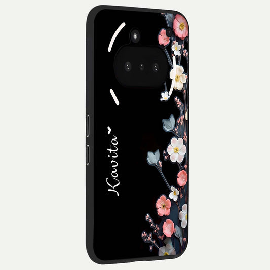 Black Elegance Floral Custom Name phone case For Nothing Phone 3A showing premium glass back cover with detailed artwork