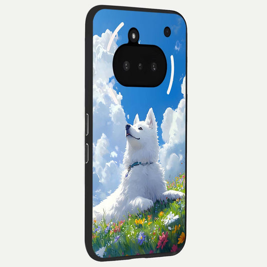  Blissful Cloud Pup phone case For Nothing Phone 3A showing premium glass back cover with detailed artwork