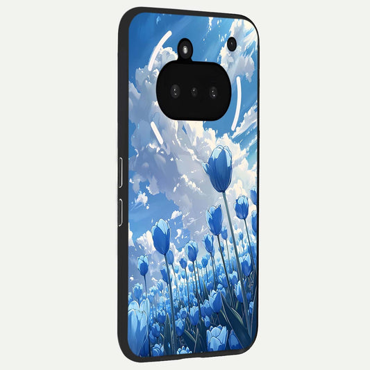  Blue Tulip Clouds phone case For Nothing Phone 3A showing premium glass back cover with detailed artwork