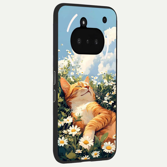  Cat And Flowers View phone case For Nothing Phone 3A showing premium glass back cover with detailed artwork