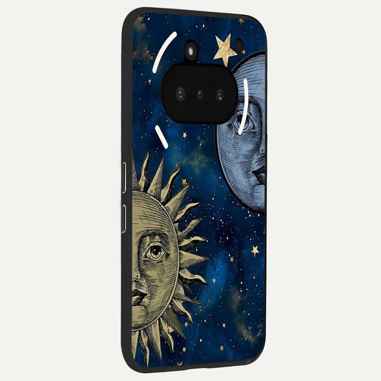  Celestial Moon With Sun phone case For Nothing Phone 3A showing premium glass back cover with detailed artwork