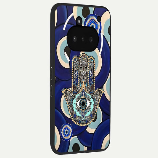  Hamsa Divine Guard phone case For Nothing Phone 3A showing premium glass back cover with detailed artwork