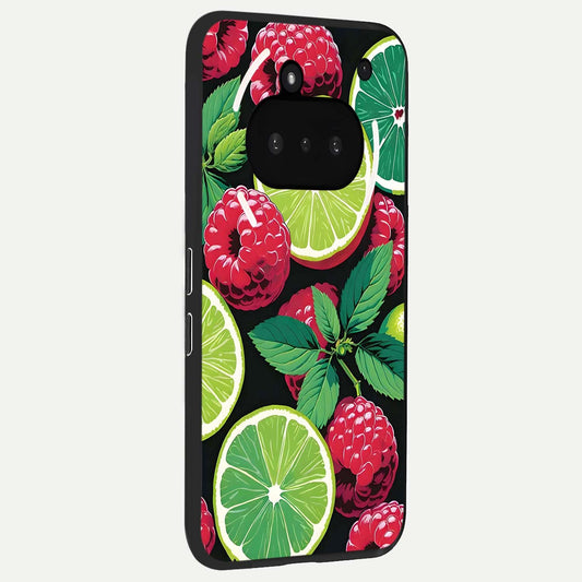  Lime and Raspberry Pattern phone case For Nothing Phone 3A showing premium glass back cover with detailed artwork