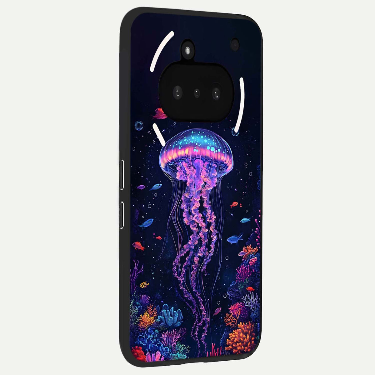  Neon Jellyfish phone case For Nothing Phone 3A showing premium glass back cover with detailed artwork