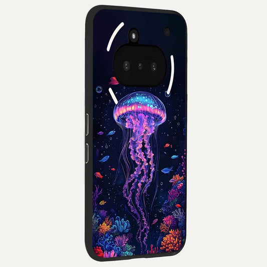  Neon Jellyfish phone case For Nothing Phone 3A showing premium glass back cover with detailed artwork