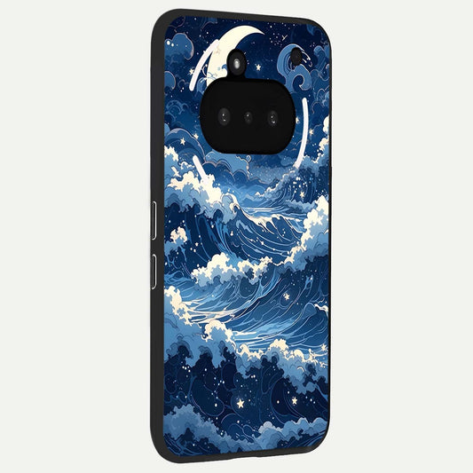  Ocean Moon Waves phone case For Nothing Phone 3A showing premium glass back cover with detailed artwork