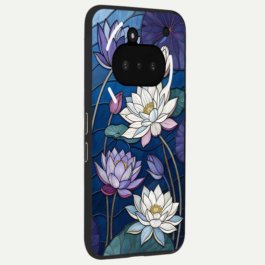  Purple Lotus Stained phone case For Nothing Phone 3A showing premium glass back cover with detailed artwork