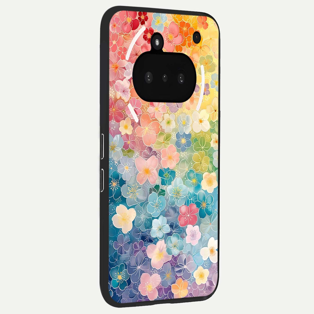  Rainbow Blossom Burst phone case For Nothing Phone 3A showing premium glass back cover with detailed artwork