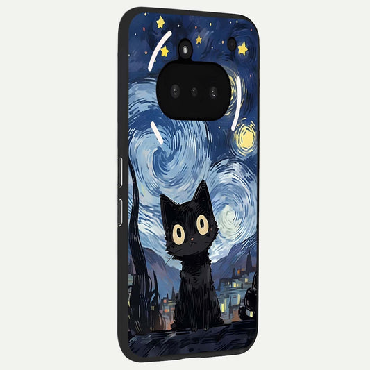  Van Gogh Cat phone case For Nothing Phone 3A showing premium glass back cover with detailed artwork