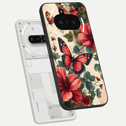  Crimson Butterfly Garden back cover For Nothing Phone 3A slim fit glass case with vibrant aesthetic design