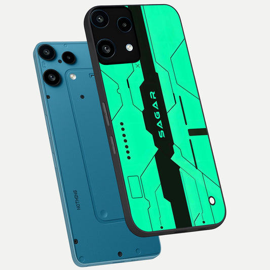  Aqua Tech CYBERPUNK Custom Name phone case For Nothing Phone 3A Lite showing premium glass back cover with detailed artwork