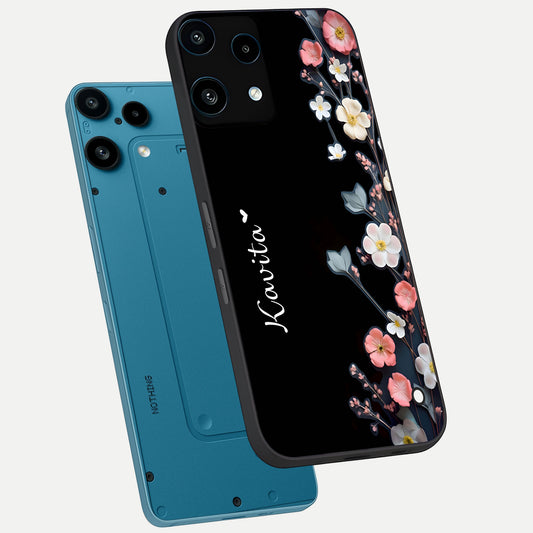  Black Elegance Floral Custom Name phone case For Nothing Phone 3A Lite showing premium glass back cover with detailed artwork