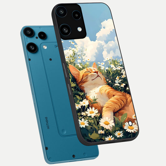  Cat And Flowers View phone case For Nothing Phone 3A Lite showing premium glass back cover with detailed artwork
