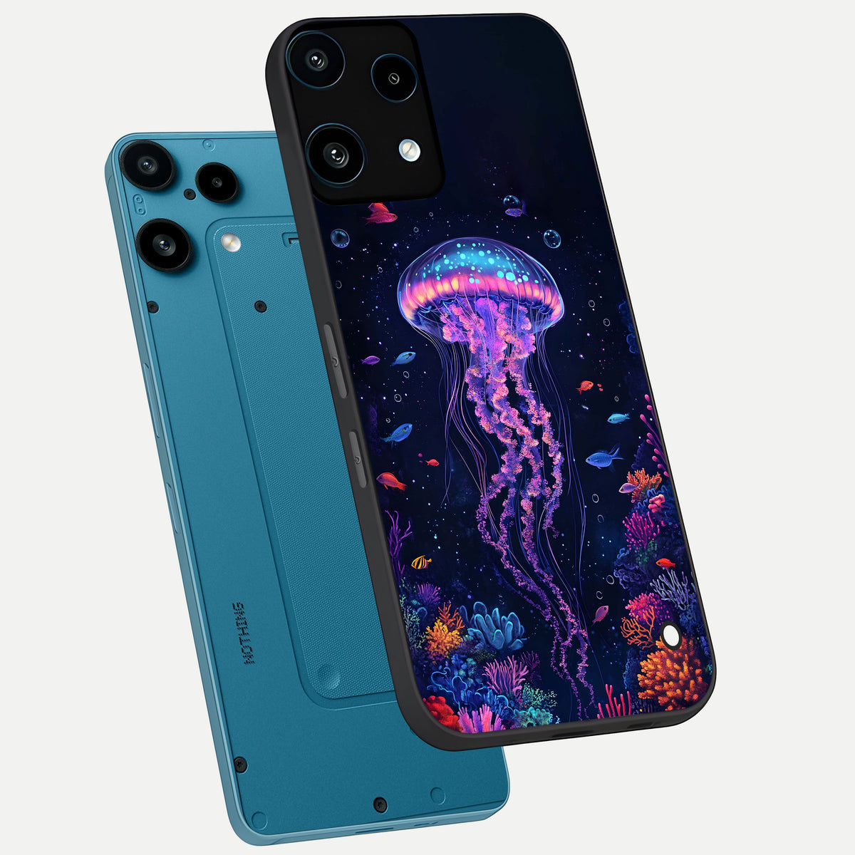  Neon Jellyfish phone case For Nothing Phone 3A Lite showing premium glass back cover with detailed artwork