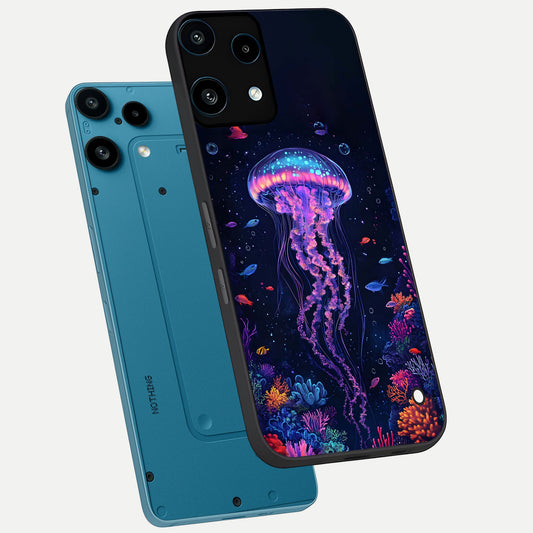  Neon Jellyfish phone case For Nothing Phone 3A Lite showing premium glass back cover with detailed artwork