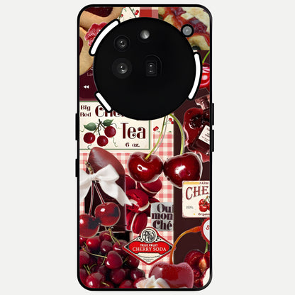 Aesthetic Cherry Tea Glass Case showing full back design in clean flat view with cherry collage details and glossy glass finish.