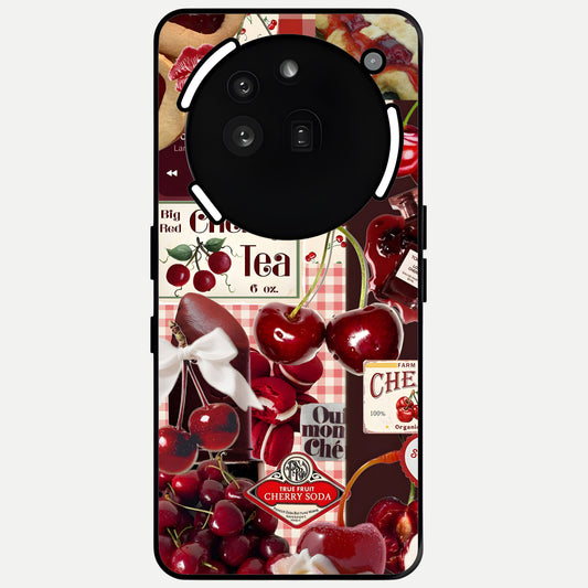 Aesthetic Cherry Tea Glass Case showing full back design in clean flat view with cherry collage details and glossy glass finish.