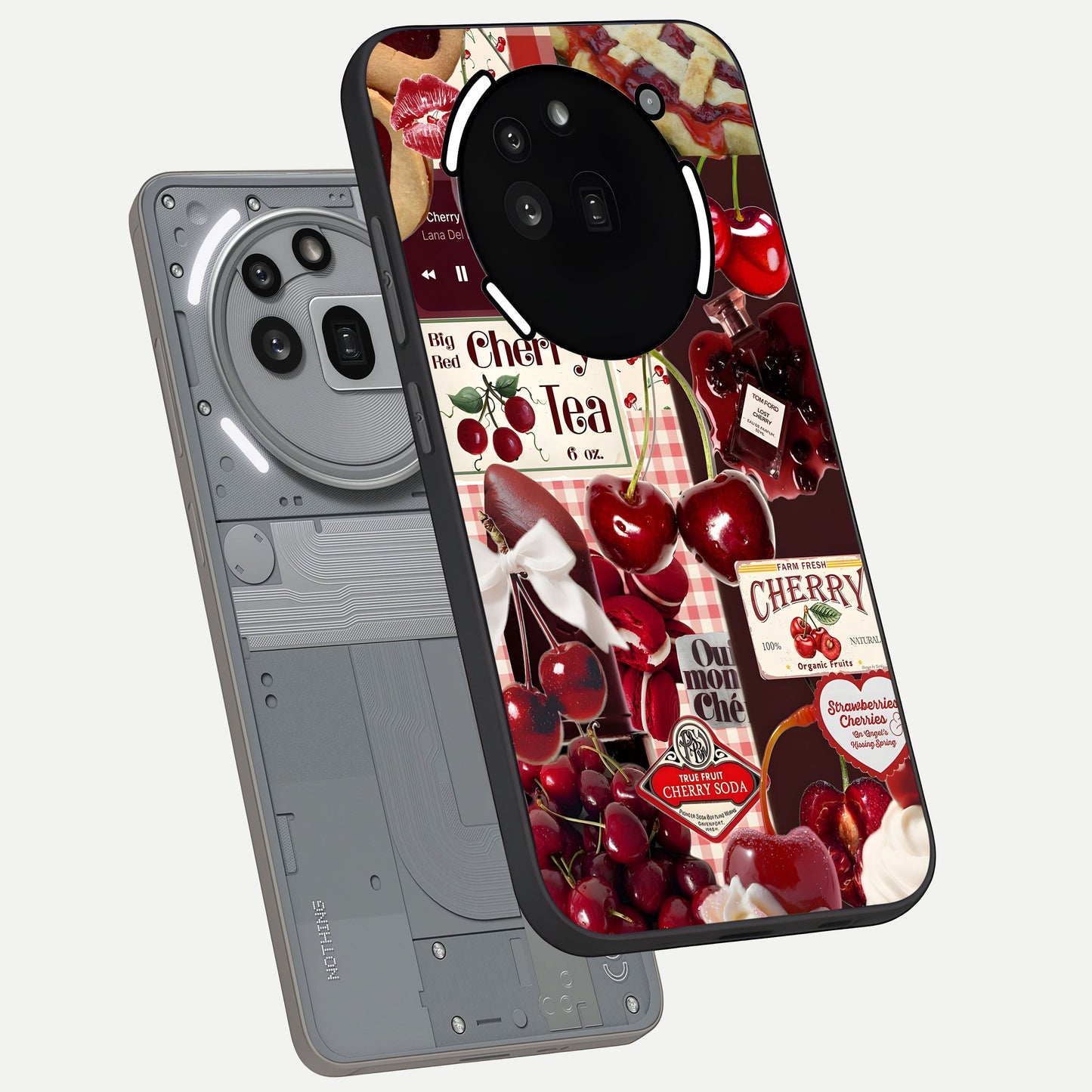 Aesthetic Cherry Tea Glass Case captured at a warm angle highlighting rich red tones, gloss, and edge clarity.