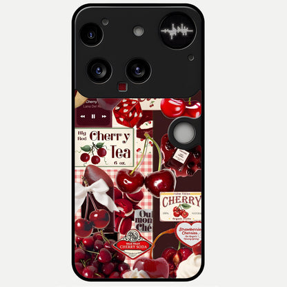 Aesthetic Cherry Tea Glass Case showing full back design in clean flat view with cherry collage details and glossy glass finish.