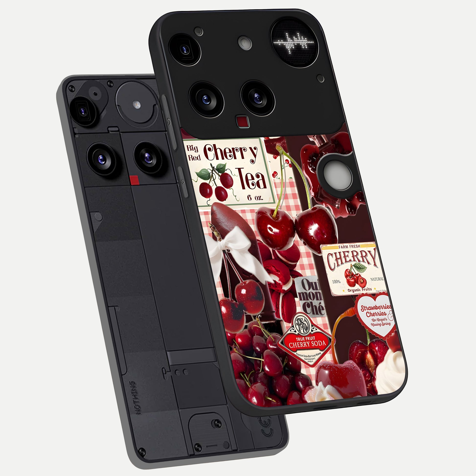 Aesthetic Cherry Tea Glass Case captured at a warm angle highlighting rich red tones, gloss, and edge clarity.