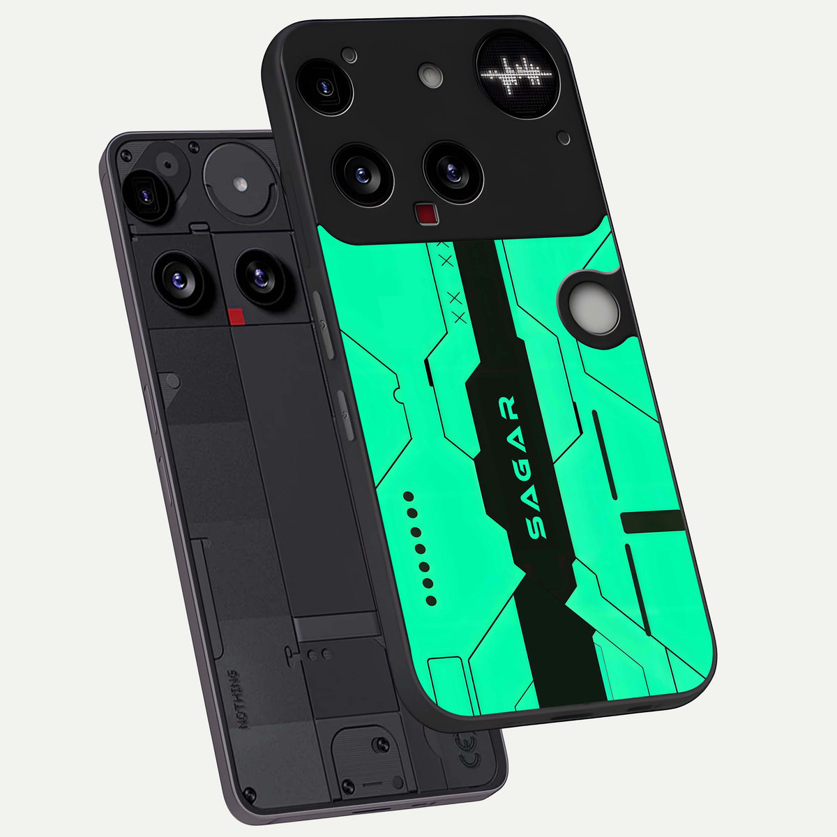  Aqua Tech CYBERPUNK Custom Name phone case For Nothing Phone 3 showing premium glass back cover with detailed artwork