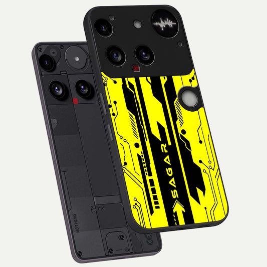  Electric Pulse CYBERPUNK Custom Name phone case For Nothing Phone 3 showing premium glass back cover with detailed artwork