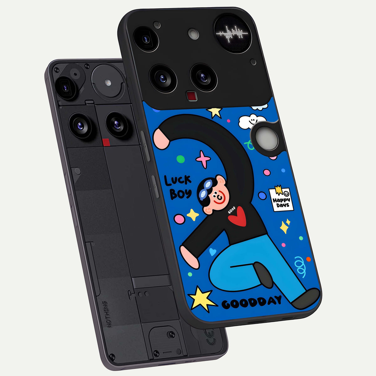 Happy Luck Vibe phone case For Nothing Phone 3 showing premium glass back cover with detailed artwork