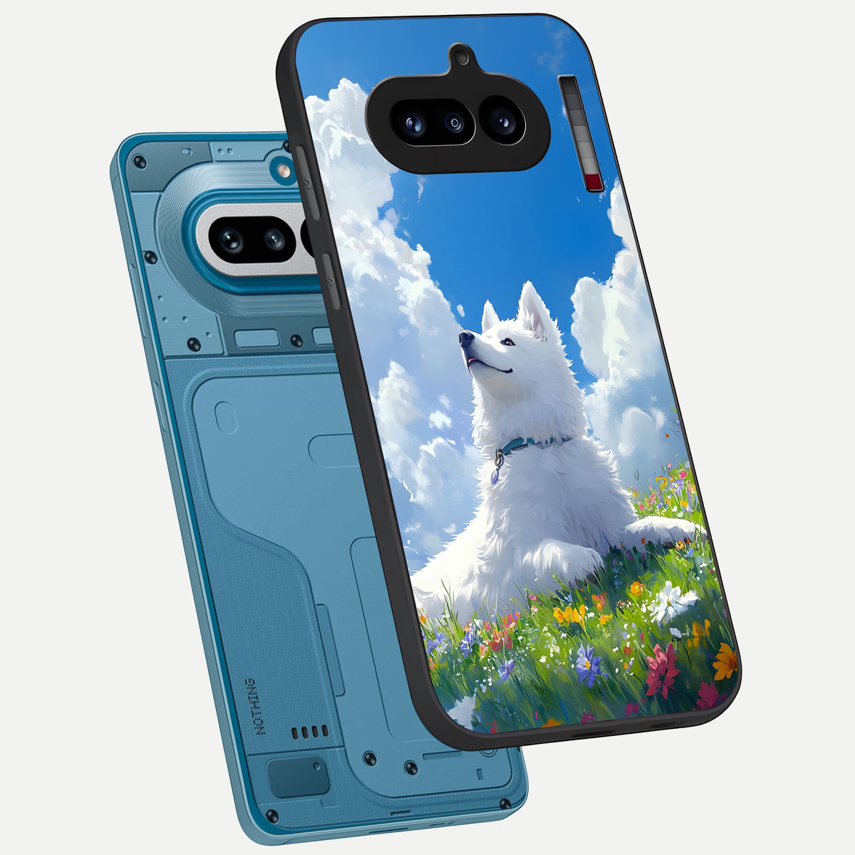  Blissful Cloud Pup phone case For Nothing Phone 4A showing premium glass back cover with detailed artwork