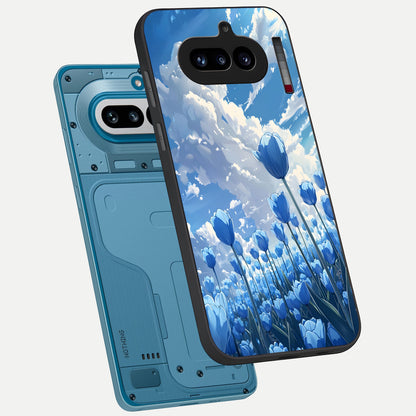  Blue Tulip Clouds phone case For Nothing Phone 4A showing premium glass back cover with detailed artwork