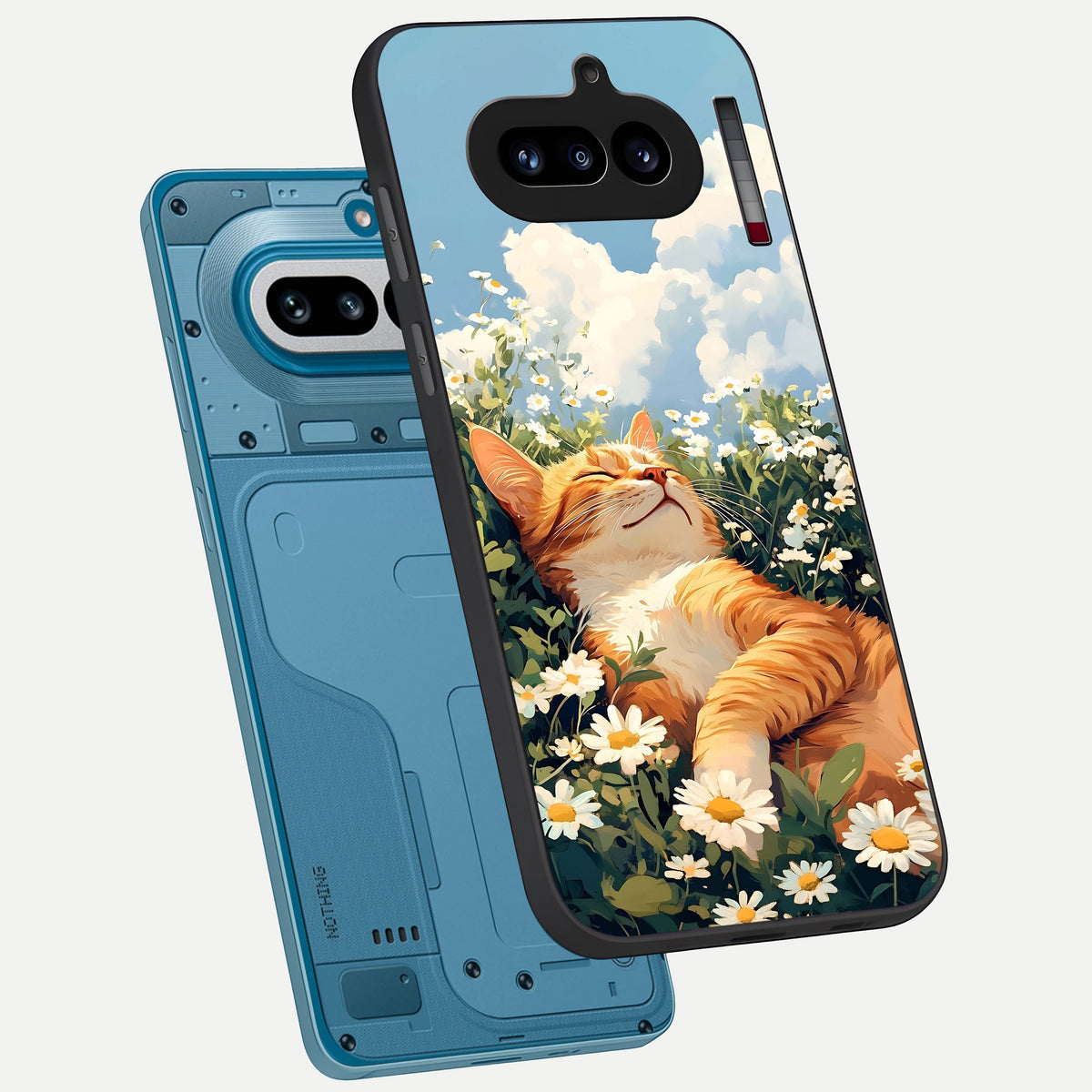  Cat And Flowers View phone case For Nothing Phone 4A showing premium glass back cover with detailed artwork