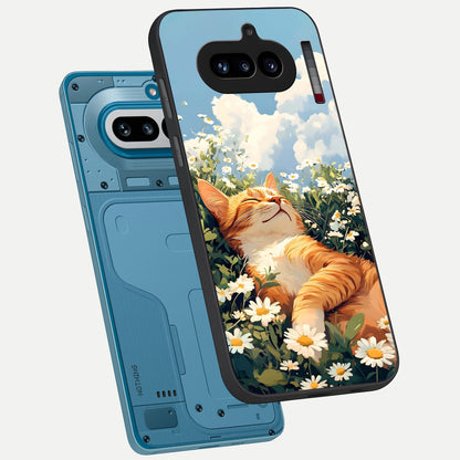  Cat And Flowers View phone case For Nothing Phone 4A showing premium glass back cover with detailed artwork